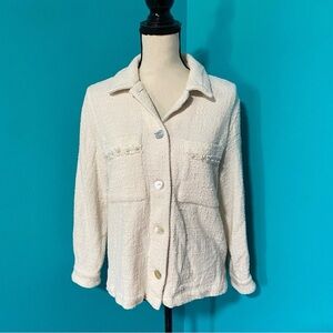 Zara S Cream Tweed Textured Blazer Jacket Pearl Detail